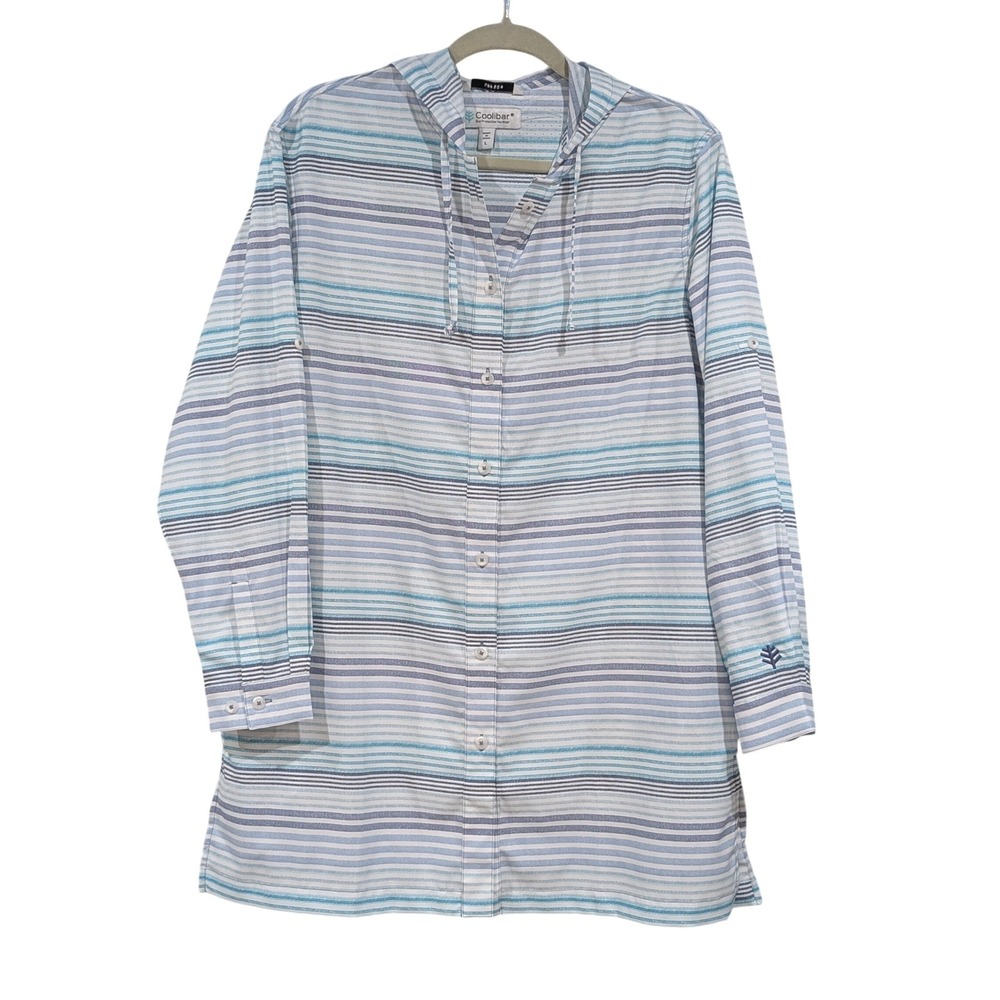 Coolibar Sun Protection Cover-up Hoodie Buttoned Striped UPF 50+ Tunic Resort L